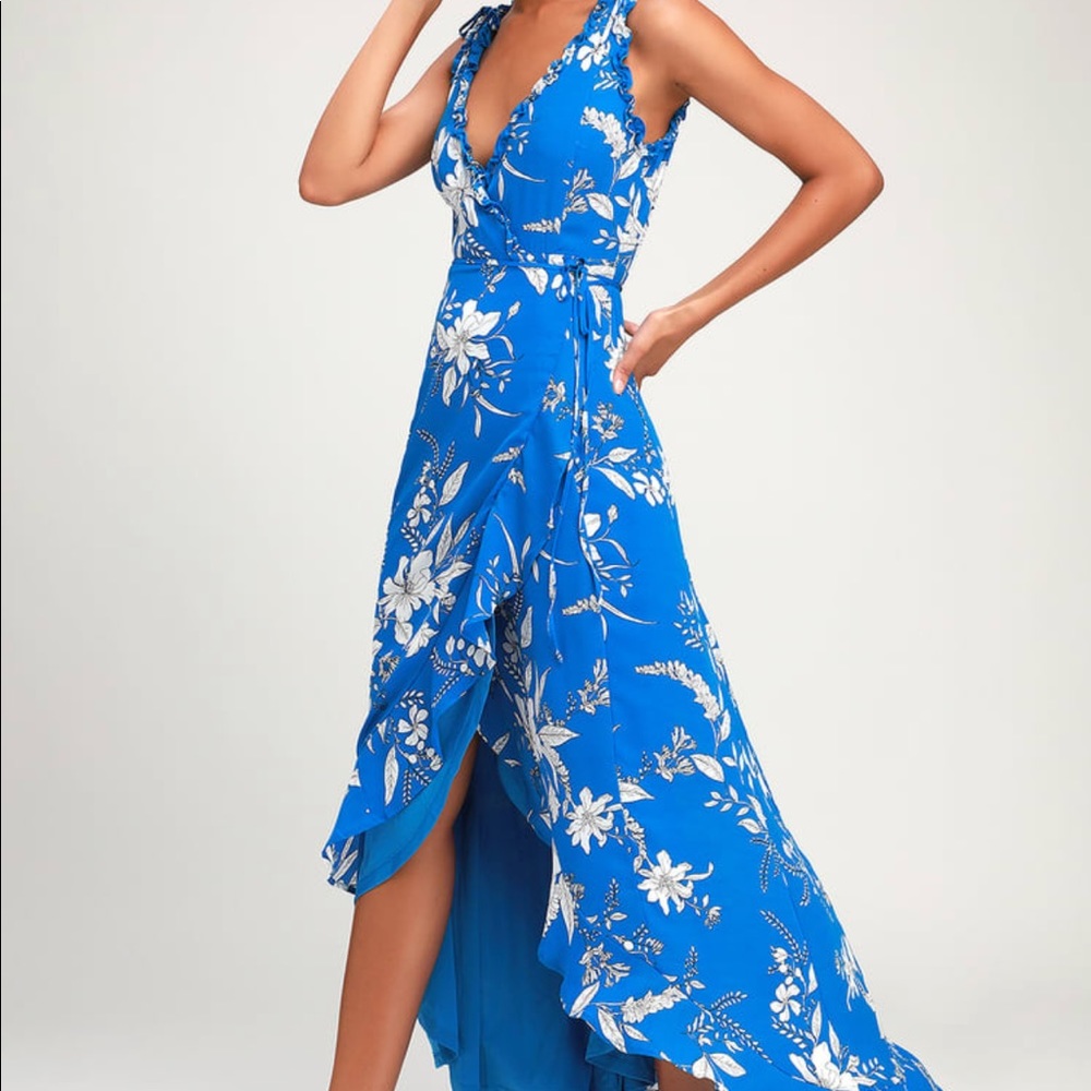 Lulus Royal Blue Sun Salutation High Low Wrap Maxi Ruffle Dress Size medium
